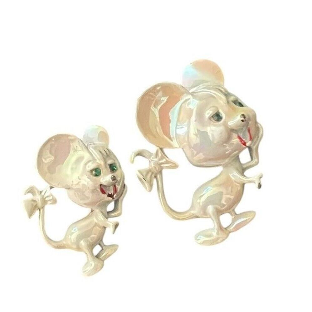 Mouse Scatter Pin‎ Brooch Set of 2 Iridescent White Enamel Vintage 60s